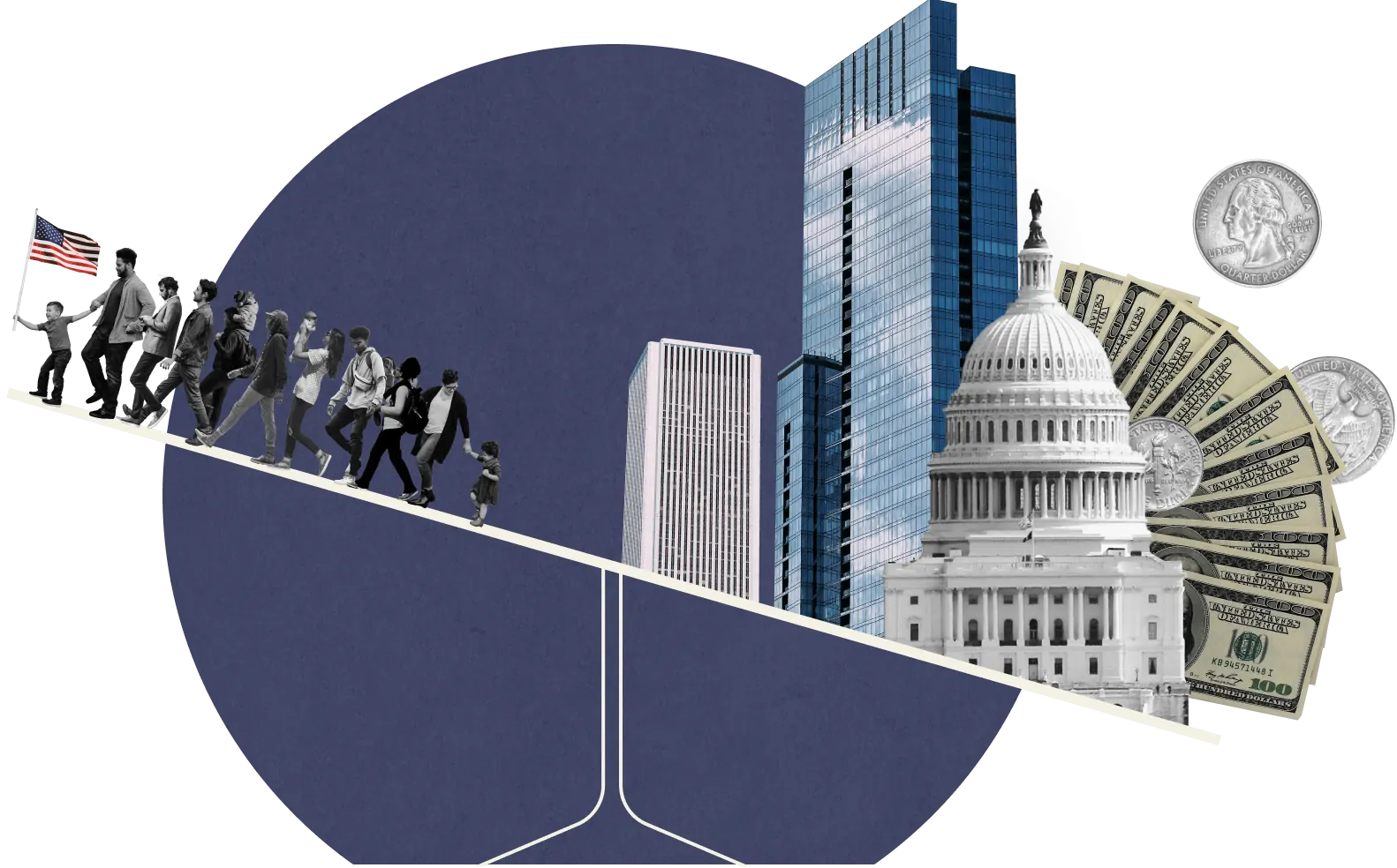 An illustration depicting a collage of a scale with people holding the US flag on the left and a collage of skyscrapers, money, and a capitol rotunda on the right. The scale is tipping to the right, towards the symbols of power and money.