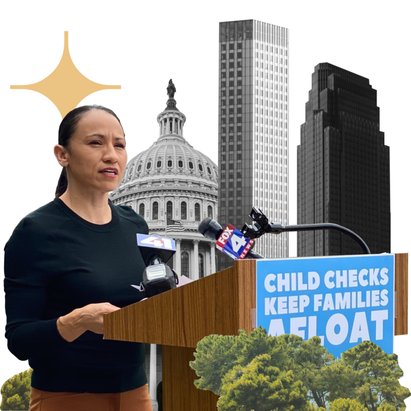 woman standing at podium with the U.S. capitol building and sky scrapers in the background